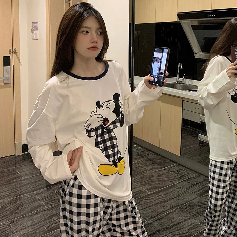 Disney Cartoon Mickey Long Sleeve Cotton Sleepwear Sweet Y2k Girl Kawaii Casual Pajamas Spring Autumn New Cute Home Clothes Set