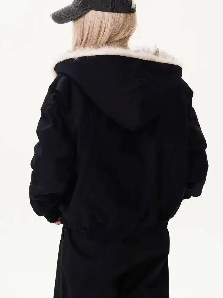 Korean Trend 2025 Parkas Black Long Sleeves Warm Short Jacket Clothes Women Khaki Thicken Winter Hoodie Zipper Cotton Coat
