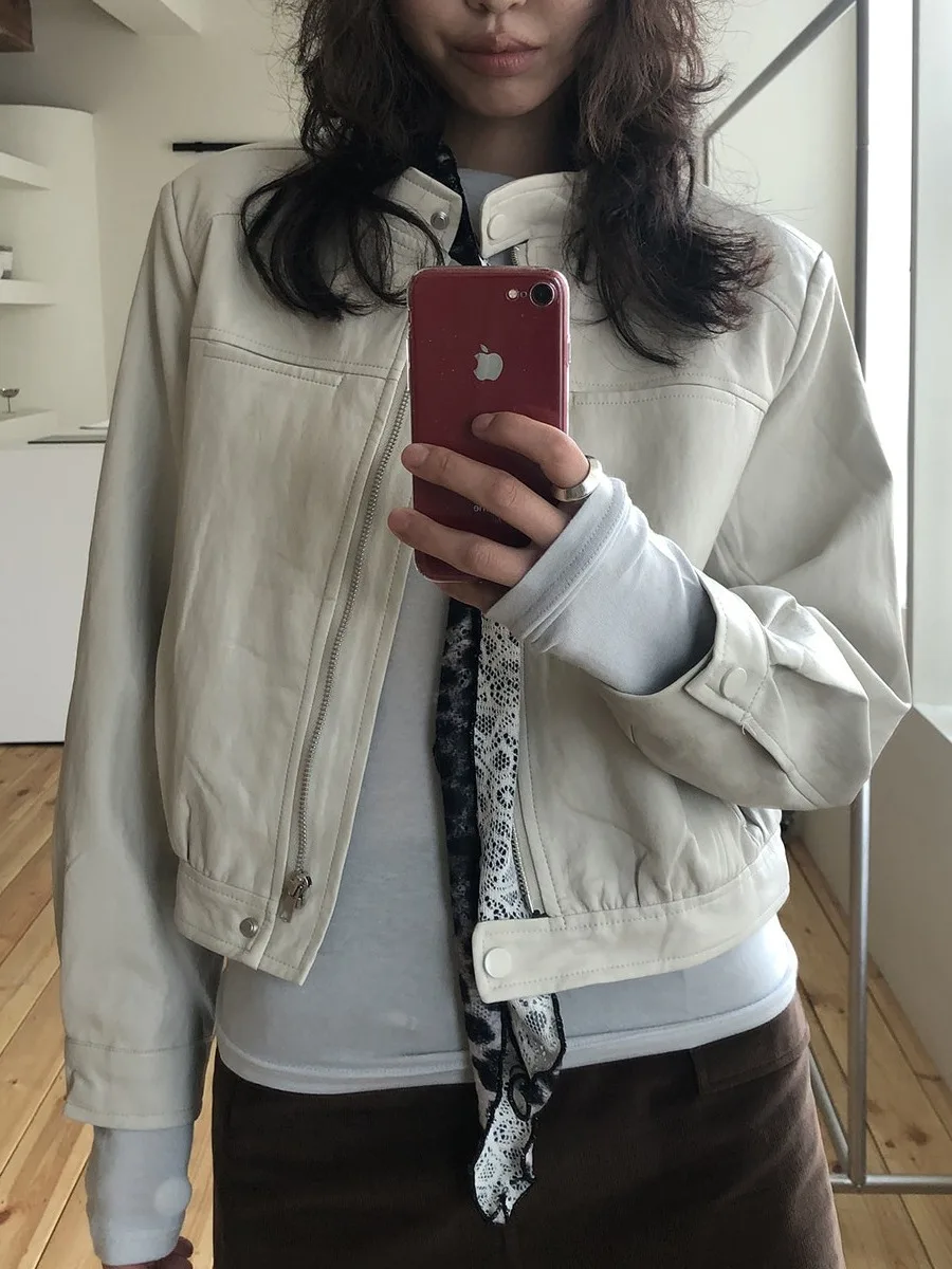 أنيقة ort Double ket عالية الياقة دراجة نارية Jaet المرأة تصميم فريد من نوعه Bla PU معطف جلد Sli الخريف Faion #3