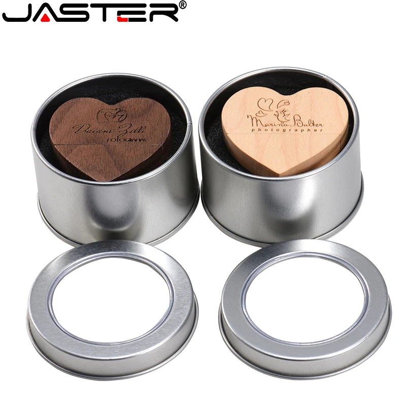 JASTER Wooden Heart USB Flash Drives 128GB Creative Wedding Gift Memory Stick 64GB Free Custom Logo Pen Drive 32GB Metal Box 16G