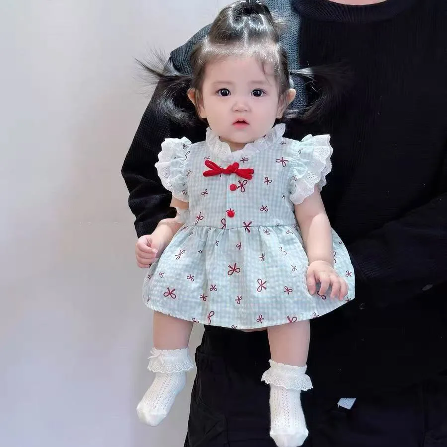 2026 New Summer Outfit Light Sweet Flying Sleeve Bag Fart Skirt Baby Princess Newborn Girl Lace Plaid Rompers