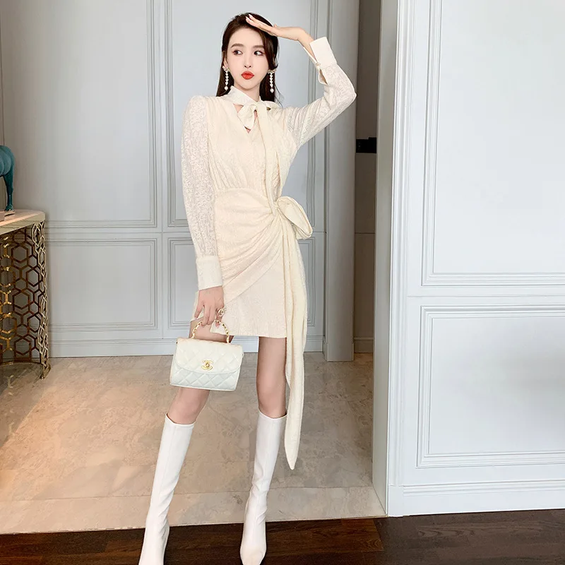 خريف جديد المشاهير التصميم الفرنسي القوس الدانتيل متابعة الخصر غير النظامية الورك ملفوفة اللباس #2