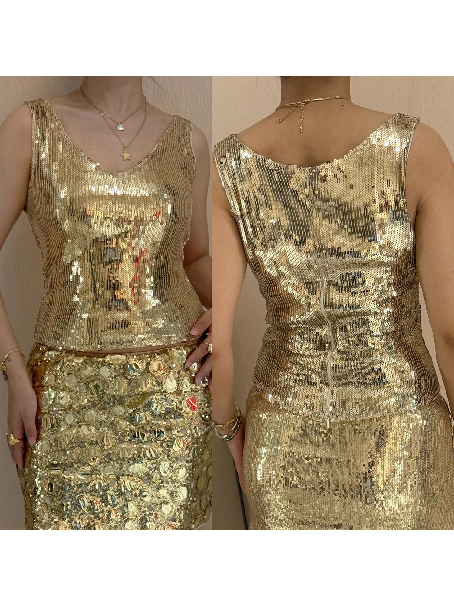 スタイリッシュな女性のノースリーブ スパンコール クロップ トップ、V ネックときらめくディテール - 夏のトレンディなストリート ファッション