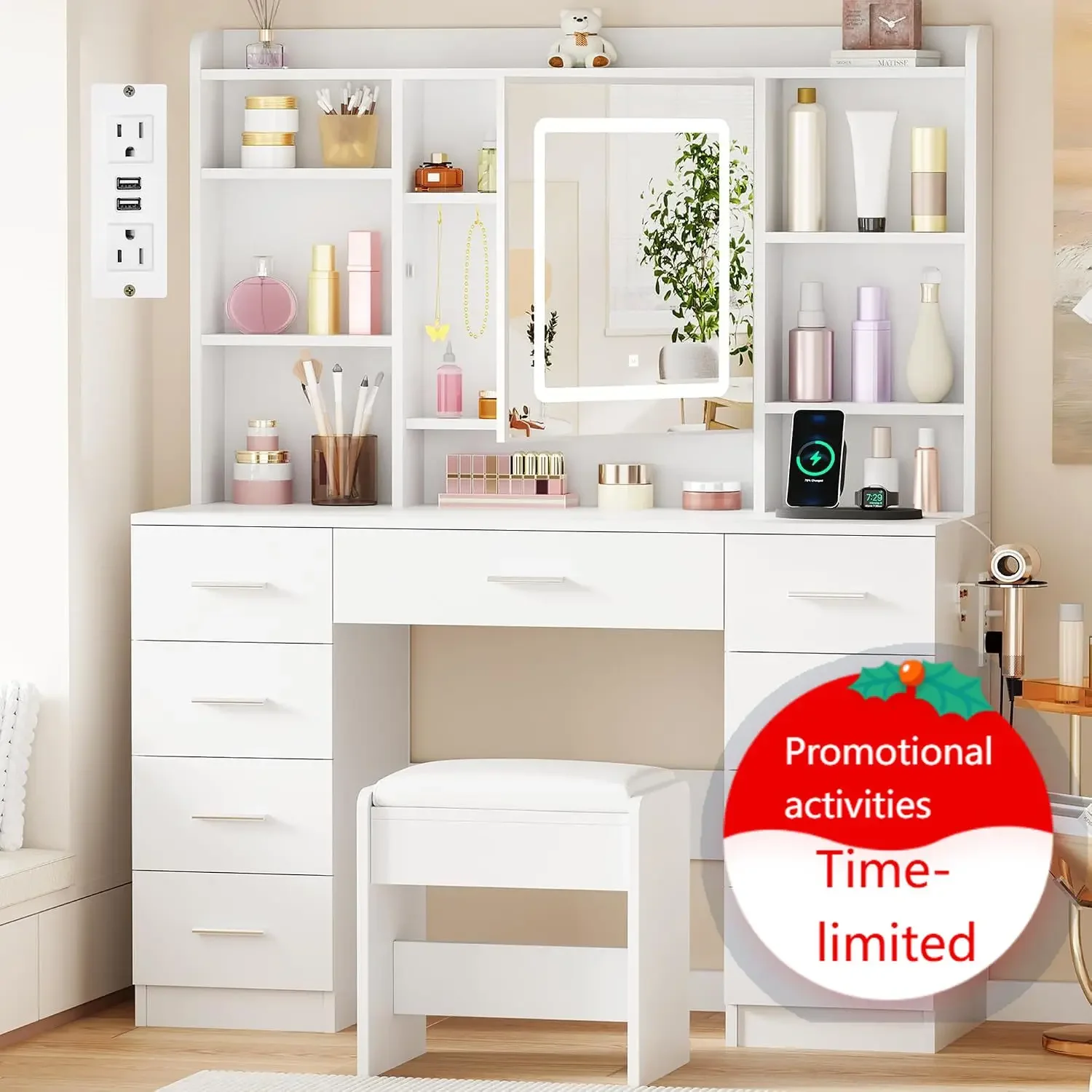 BEWISHOME Vanity Desk with Jewelry Storage,Power Outlet and Cushioned Stool | Makeup Vanity Table with Smart LED Mirror,3 Colors
