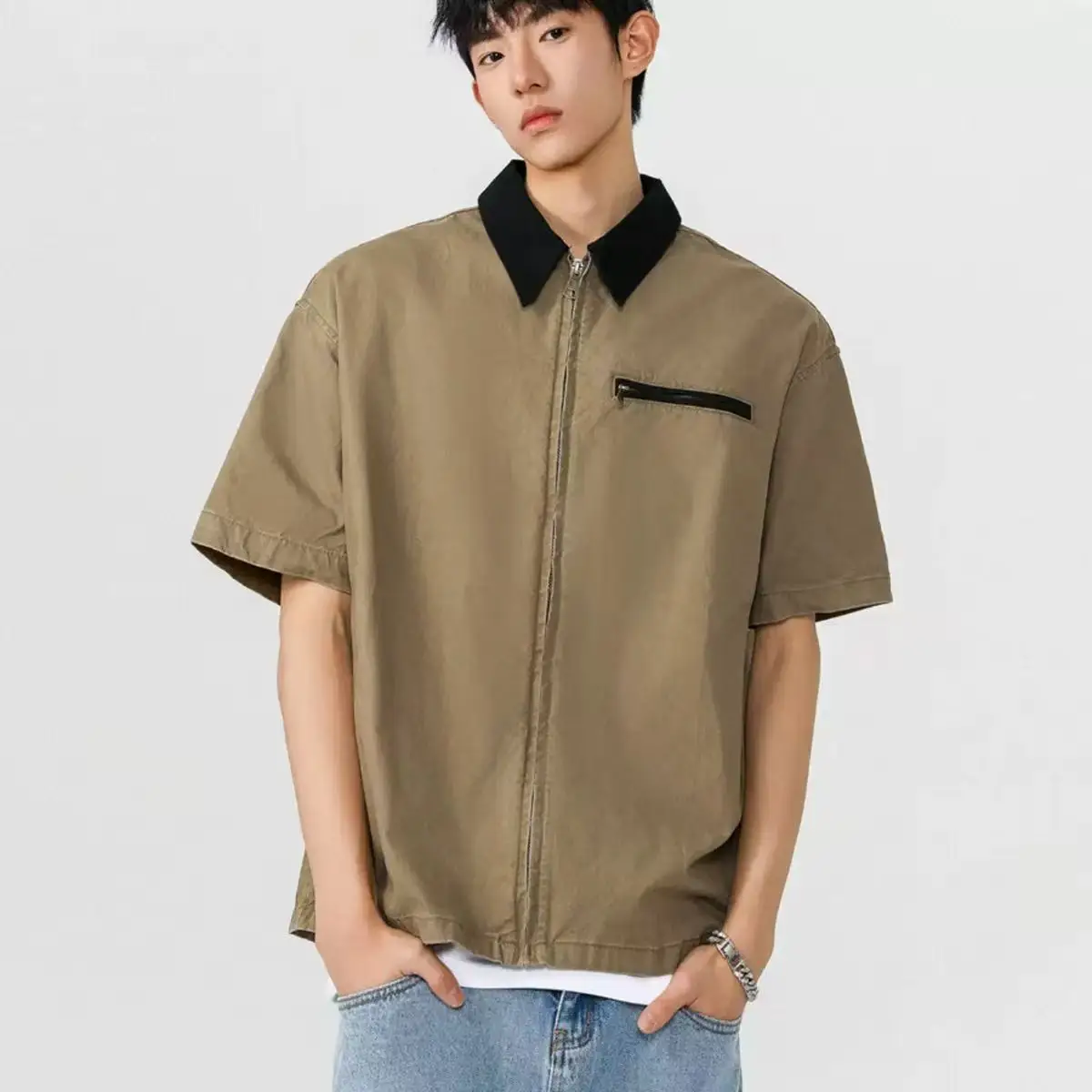 Spring Summer Men's Contrast Collar Full Zip Shirt Short Sleeve Casual Loose Zipper Pocket Tops Breathable Lightweight Blouse