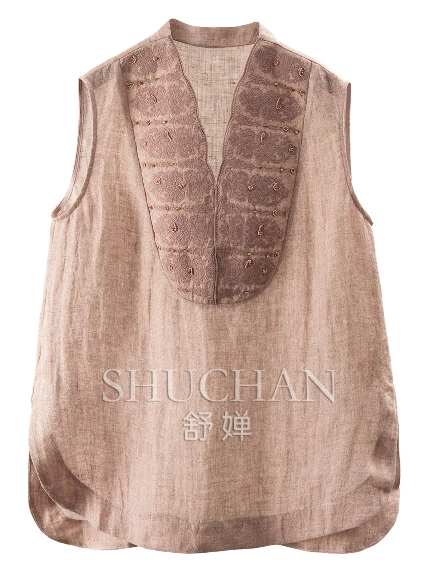Yarn-dyed Natural Linen Positioning Embroidery Arc Shirt Women's 64L0 Womens Tank Tops Summer