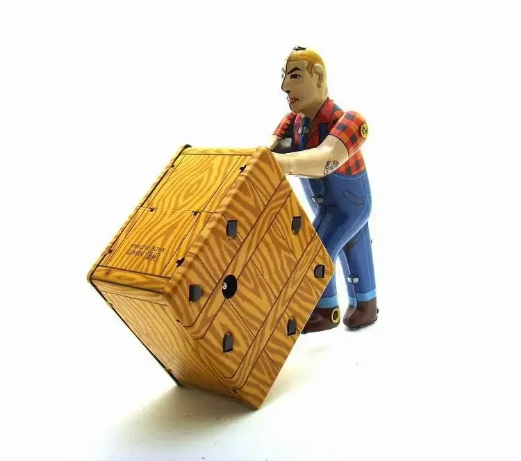 

[Funny] Adult Collection Retro Wind up toy Metal Tin wharf Worker is working Move box Clockwork toy figures model vintage toy