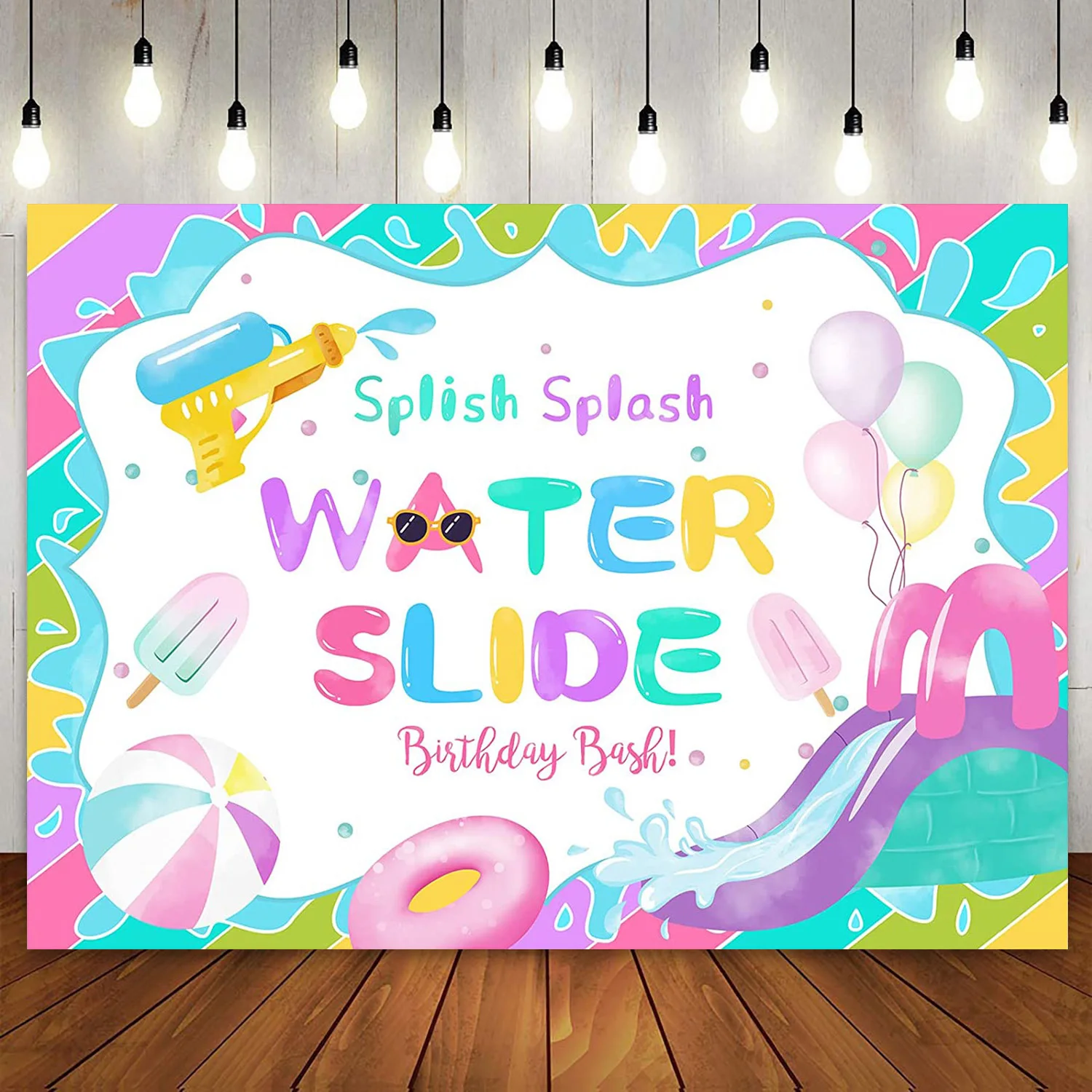 

Girl Water Slide Birthday Bash Party Backdrop Splish Splash Background Summer Swimming Pool Balls Water Gun Photo Booth Banner