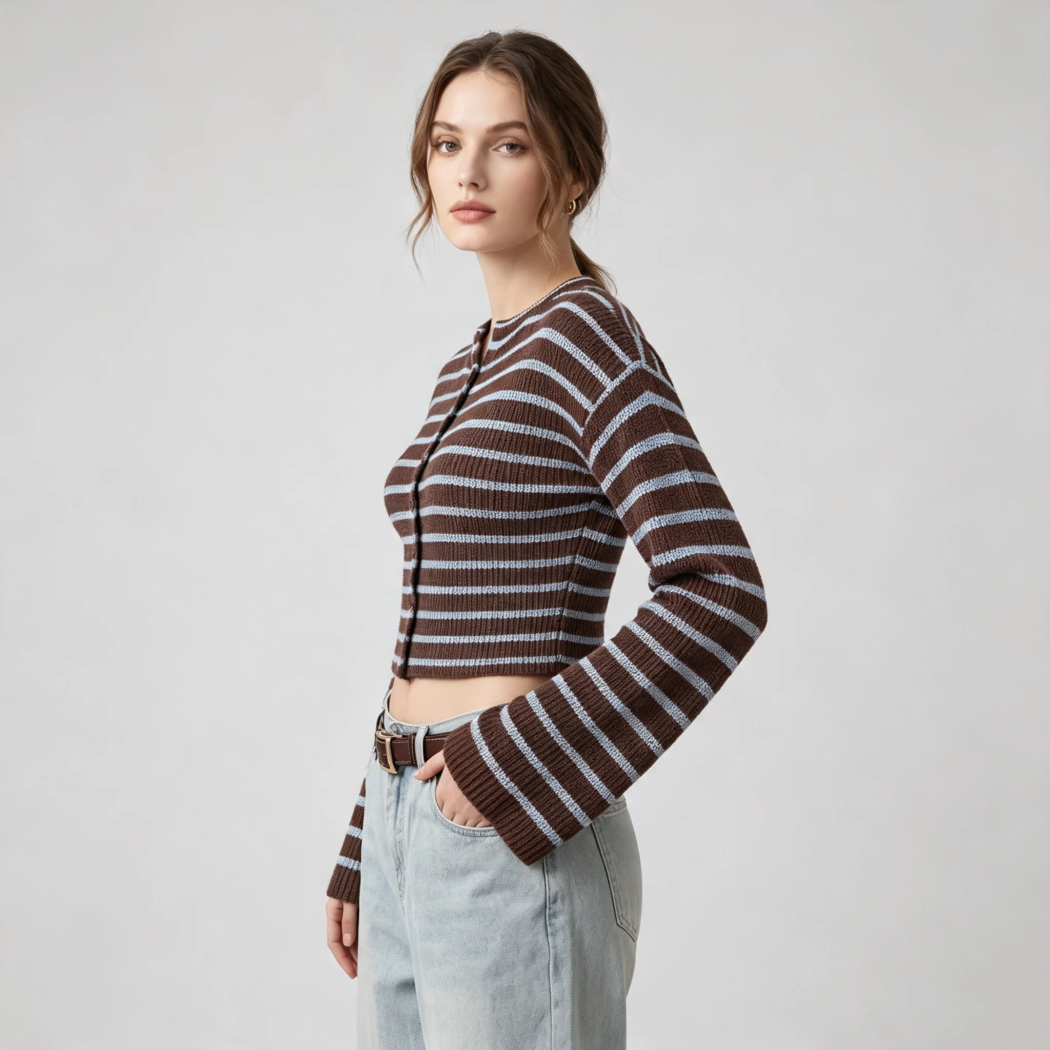 PUAL Women Stripe Cropped Knit Cardigan, Flare Sleeve Button‑Down Vintage Short Knit Sweater Top.