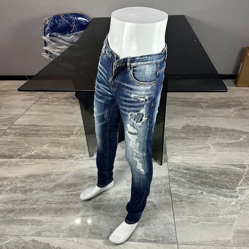 Y2KMen's Slim Fit Stretch Jeans Nostalgic Washed Blue Fashionable Pleated Perforated Painted Retro Style New Arrivals