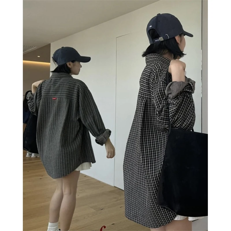 Selfwill Simple and Versatile South korea Dongdaemun 24 Autumn Retro Elegant Loose Casual Plaid Long sleeve Shirts Women