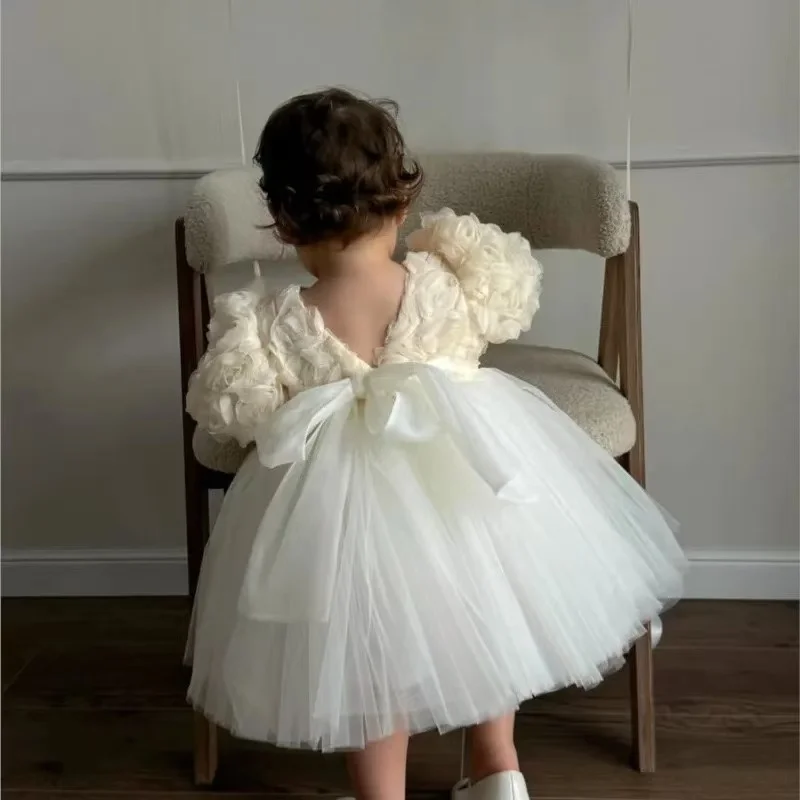 Girl Princess 3D Flower Tutu Dress Puff Sleeve Infant Toddler Girl Tulle Vestido Party Wedding Pageant Baby Clothes 1-8Y