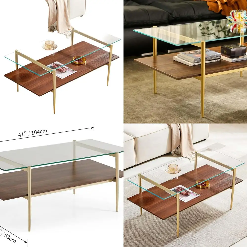 

Mid-Century Modern Glass Coffee Table with Gold Legs, Walnut Shelf, 41 Length