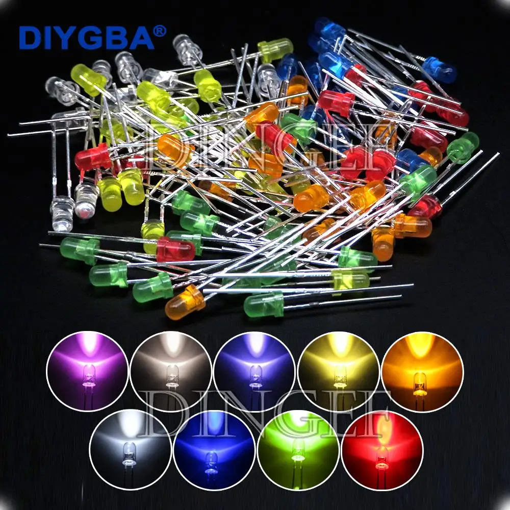

100PCS 3mm 5mm LED Diode F3 F5 Assorted Kit White Green Red Blue Yellow Orange Pink White DIY Light Emitting LED Diode Connector