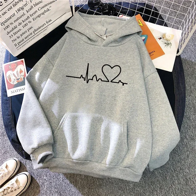 2026 Hot Sale Woman Hooded Sweatshirt Heartbeat Print Cute Hoodie Female Home Outdoor Comfort Warm Loose Pullover Daily Casual