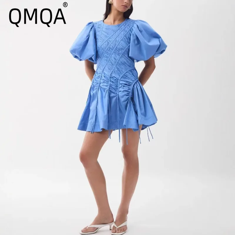 QMQA Fashion Women's Elegant Mini Dresses O Neck Puff Short Sleeve Asymmetric Drawstring Ruched Design Dress 2026 Summer QM1156