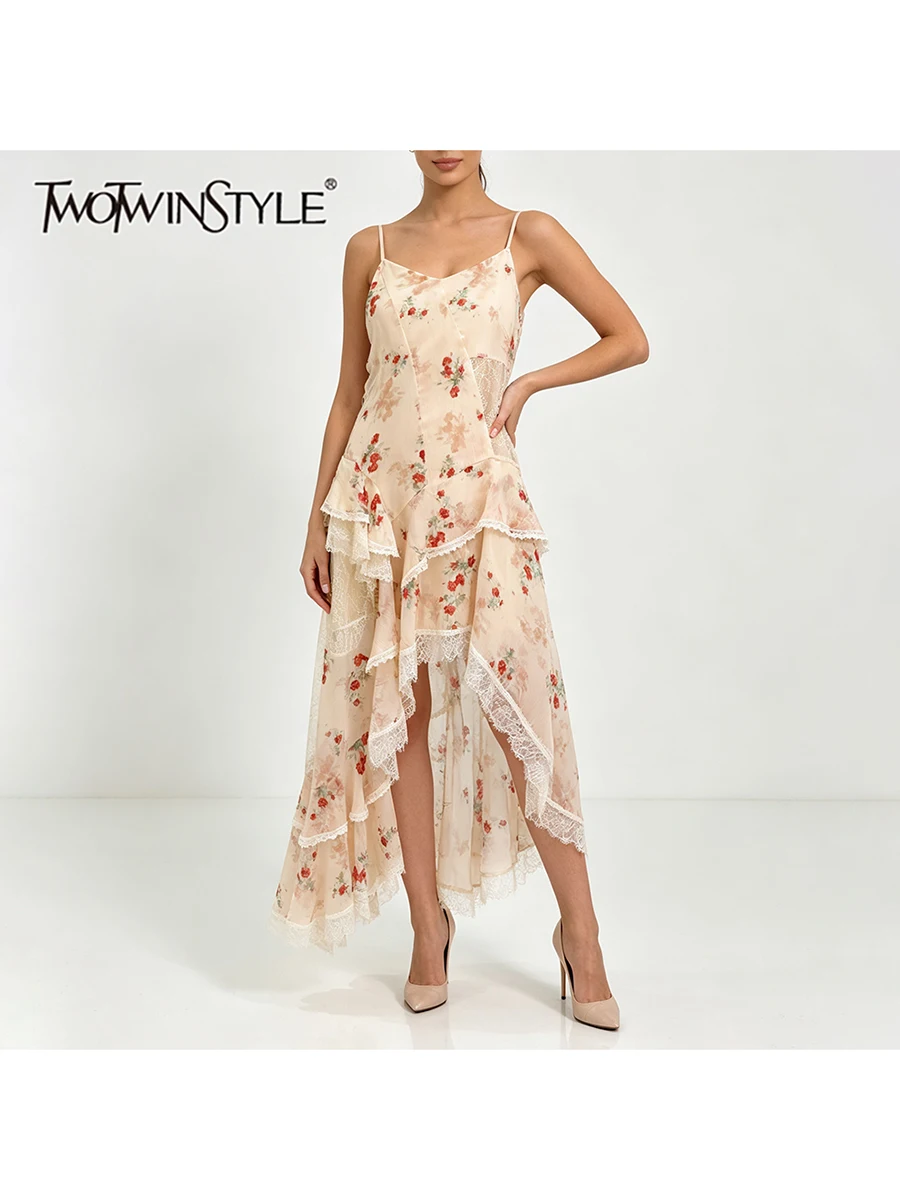 TWOTWINSTYLE Flower Spliced Lace Colorblock Loose Maxi Dress for Women V Neck Sleeveless Patchwork Zip Straps Dresses Female New