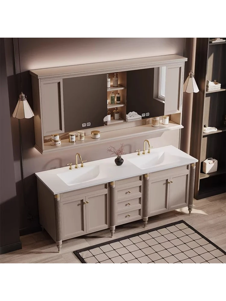 

Дубовый французский ретро-комплект для ванной комнаты: тумба и бесшовная интегрированная раковина из сланца