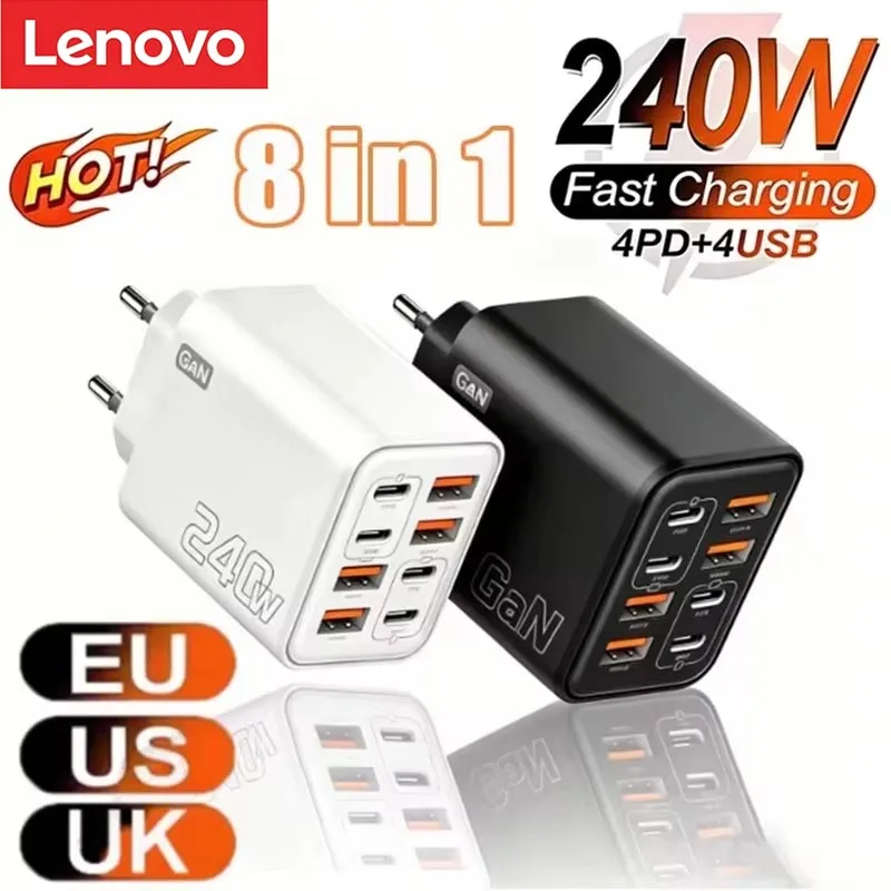 Lenovo 2026 New 240W Multi Port Charger Pd Smartphone Super Fast Charging 4usb-4type-C Charging Head EU US UK Adapter