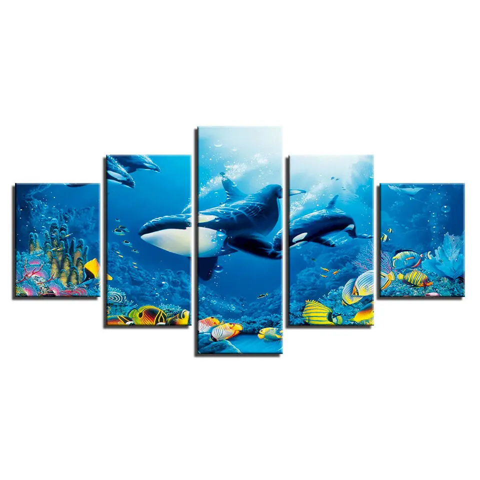 No Frame Canvas 5Pcs Nordic Whales Dolphin Sea Fish Ocean Wall Art Posters Prints Pictures Paintings Home Decorations Room Decor