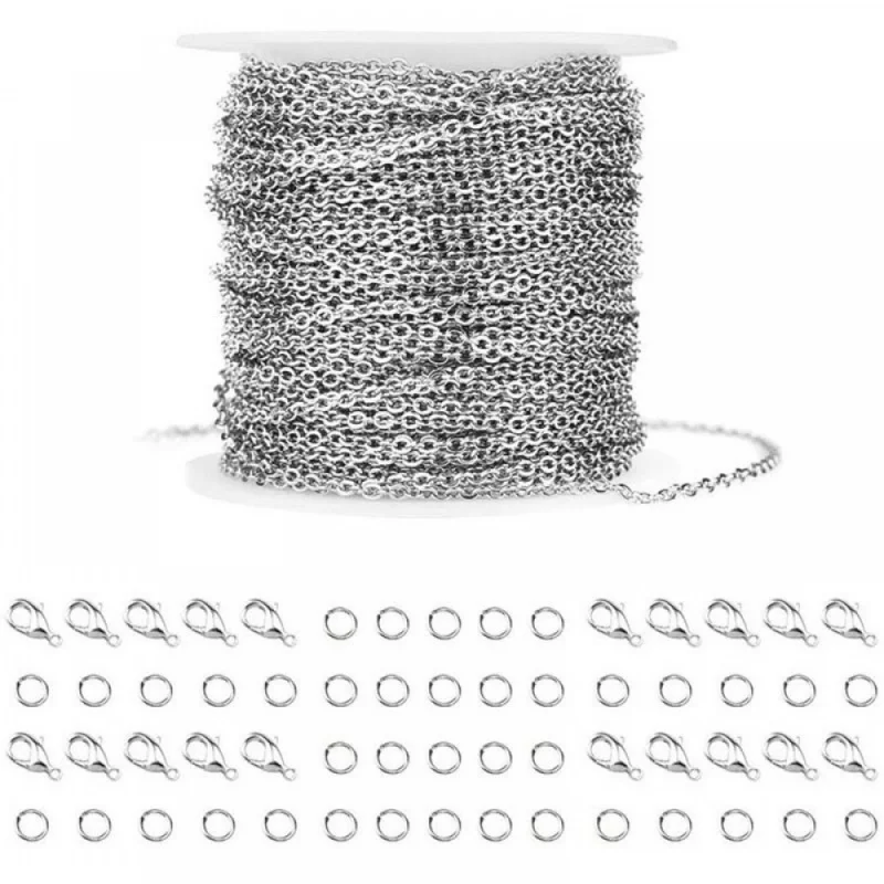 15m Jewelry Chain 2.0mm Silver Necklace Stainless Steel Women Metallic Belt with 20 Pcs Lobster Buckle and 30 One Open Jump Ring