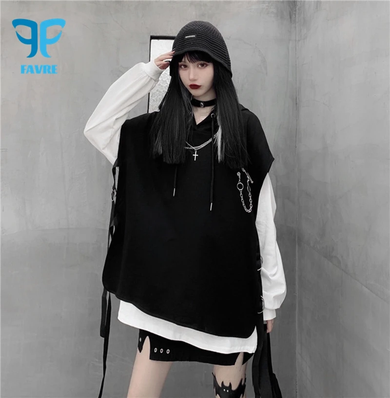 

FAVRE Sleeveless Chain Lace-up Sweatshirts Y2K Women Fashion Personality Ins Pullovers Loose Autumn Korean Female Retro Hoodies