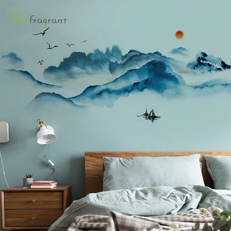 Landscape Wall Sticker Ink Painting Bedroom Bedside Decor Self-adhesive Stickers Living Room Decoration Wall Decor Home Decor