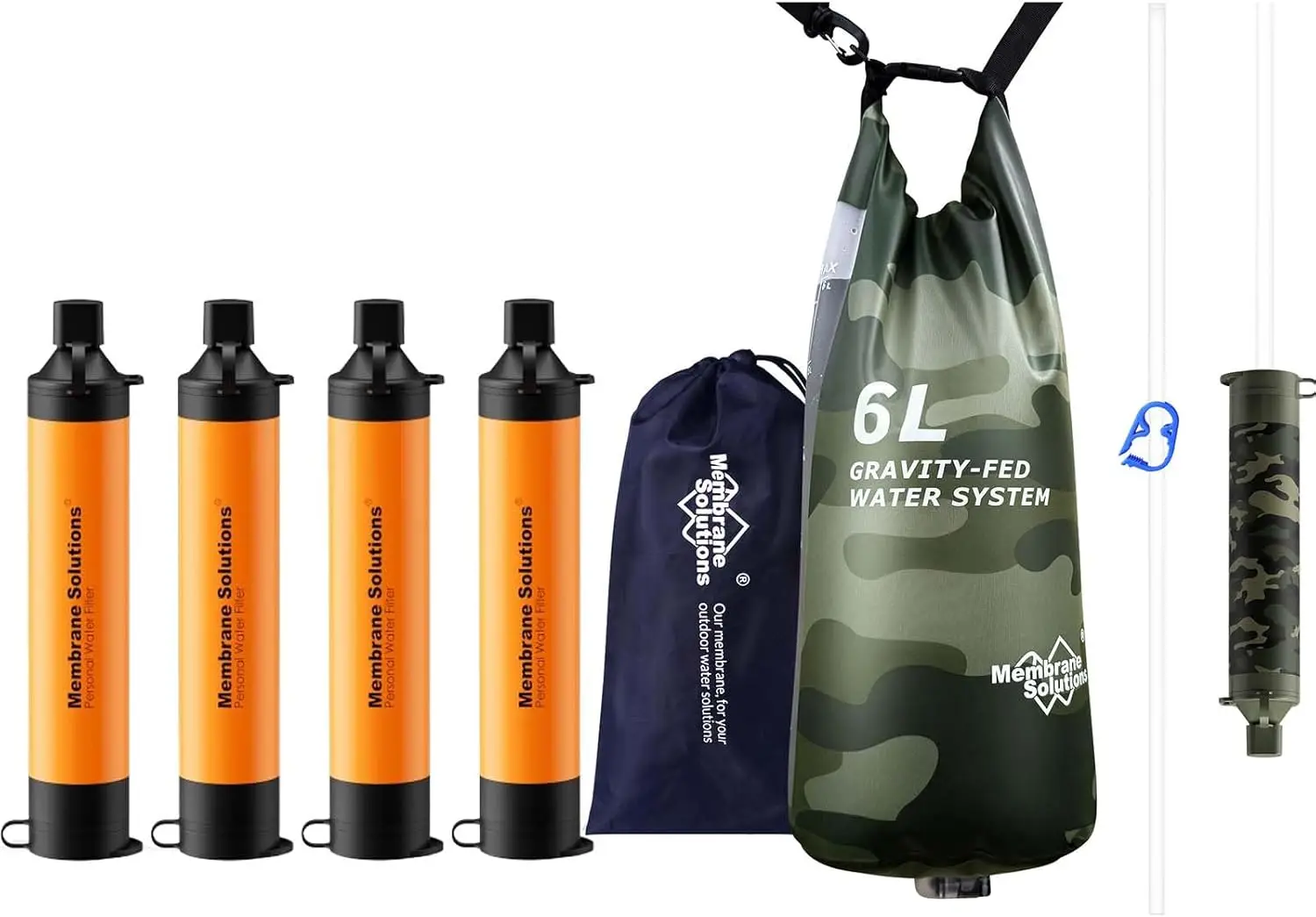 Pro 6L Camo Gravity Water Filter with 4 Extra S1 Orange Water Filter Straws, Survival Filtration Portable Gear, Emergency Preparedness, Supply for Hiking Camping Team Family