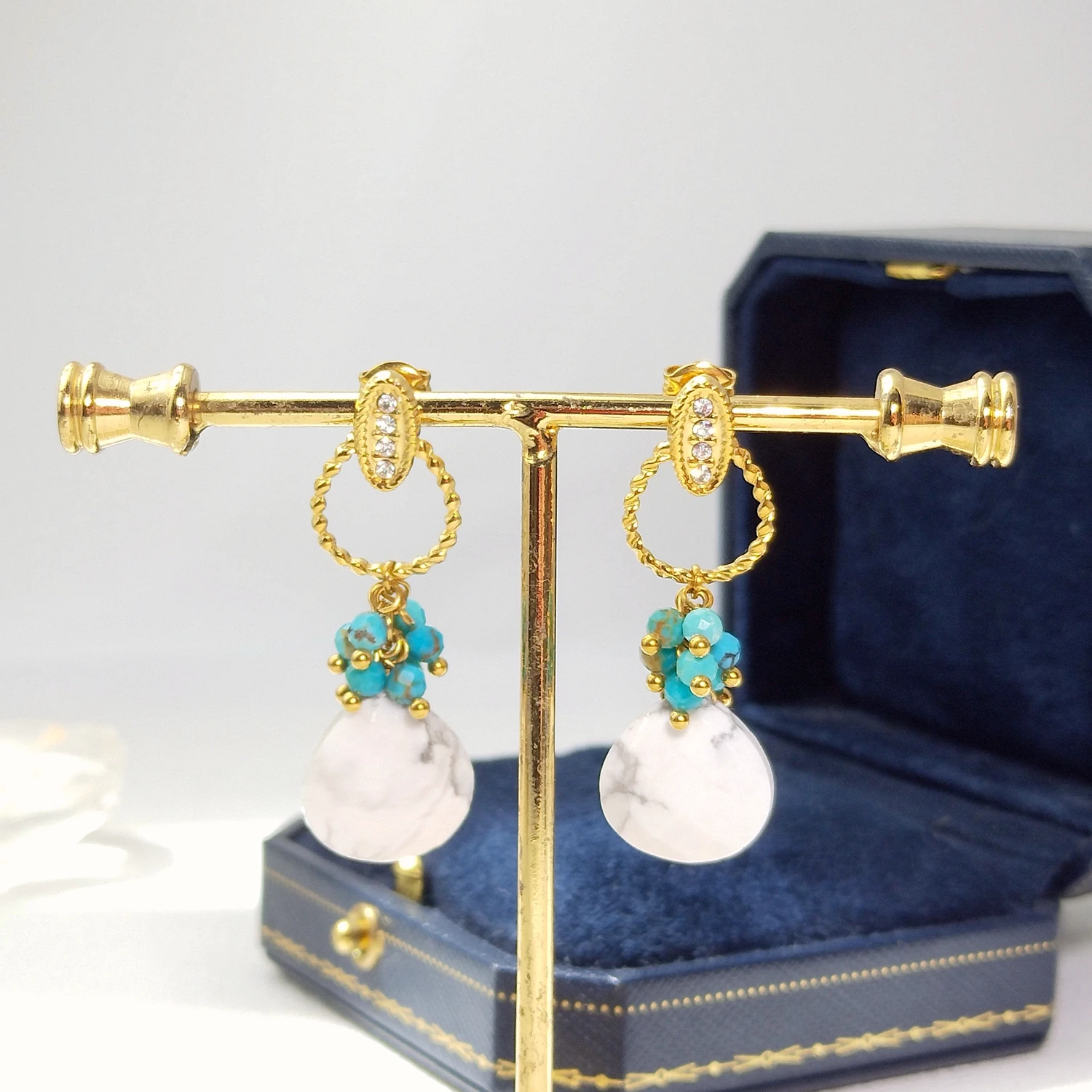 

Lii Ji Natural Hubei Turquoise Howlite Stainless Steel Stud Earrings Handmade Jewelry