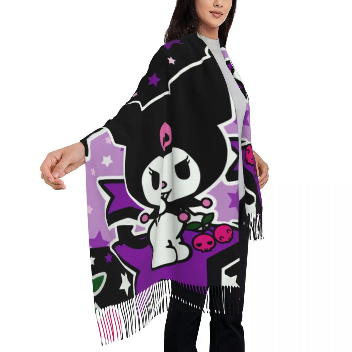 Écharpe Kuromi de dessin animé Kawaii personnalisée pour femmes, châle à pampilles, écharpes unisexes, rond, long, chaud, hiver, automne