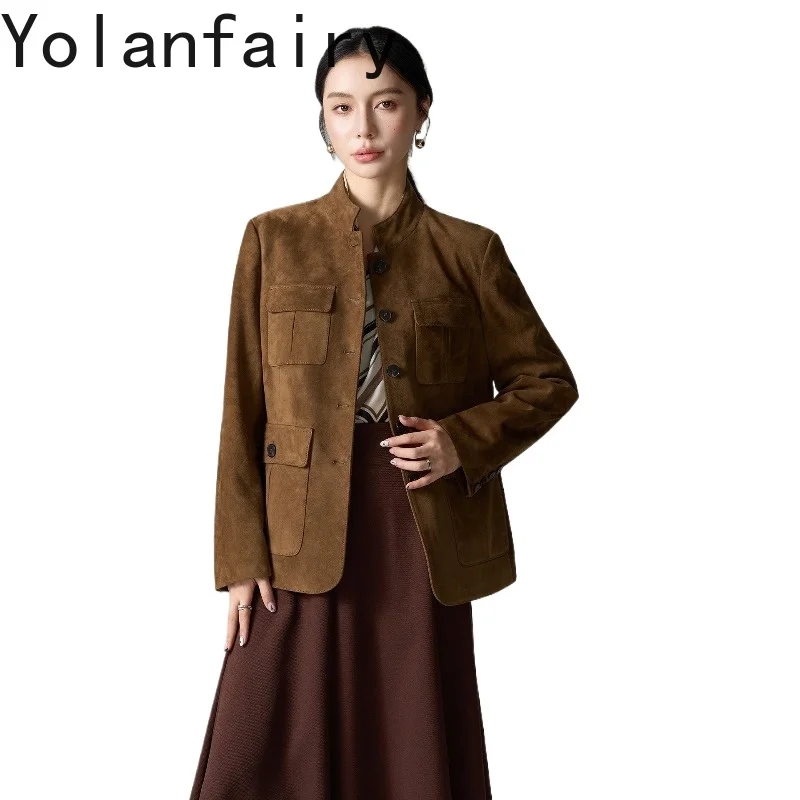 YOLANFAIRY Vintage Suede Sheepskin 100% Genuine Leather Jacket Women Stand Collar Elegant Real Leather Coats Maillard Style 2026