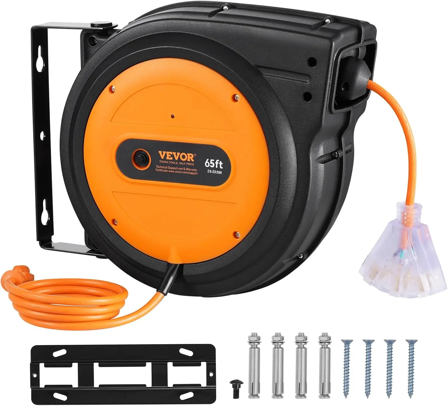 

Retractable Extension Cord Reel, 65 FT, Heavy Duty 12AWG/3C SJTOW Power Cord, with Lighted Triple Tap Outlet, 15 Amp Circuit Bre
