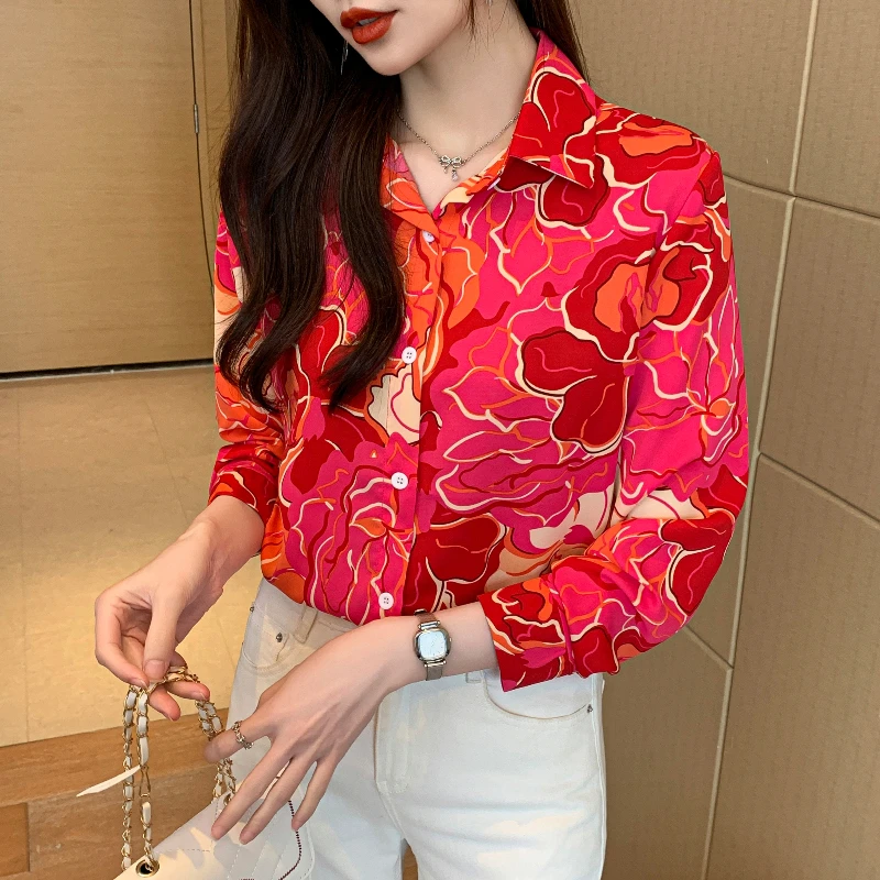 Women Spring Korean Loose Fashion Printing Chiffon Polo-Neck Long Sleeve Shirts Women Clothes Casual All-match Trend Sweet Tops