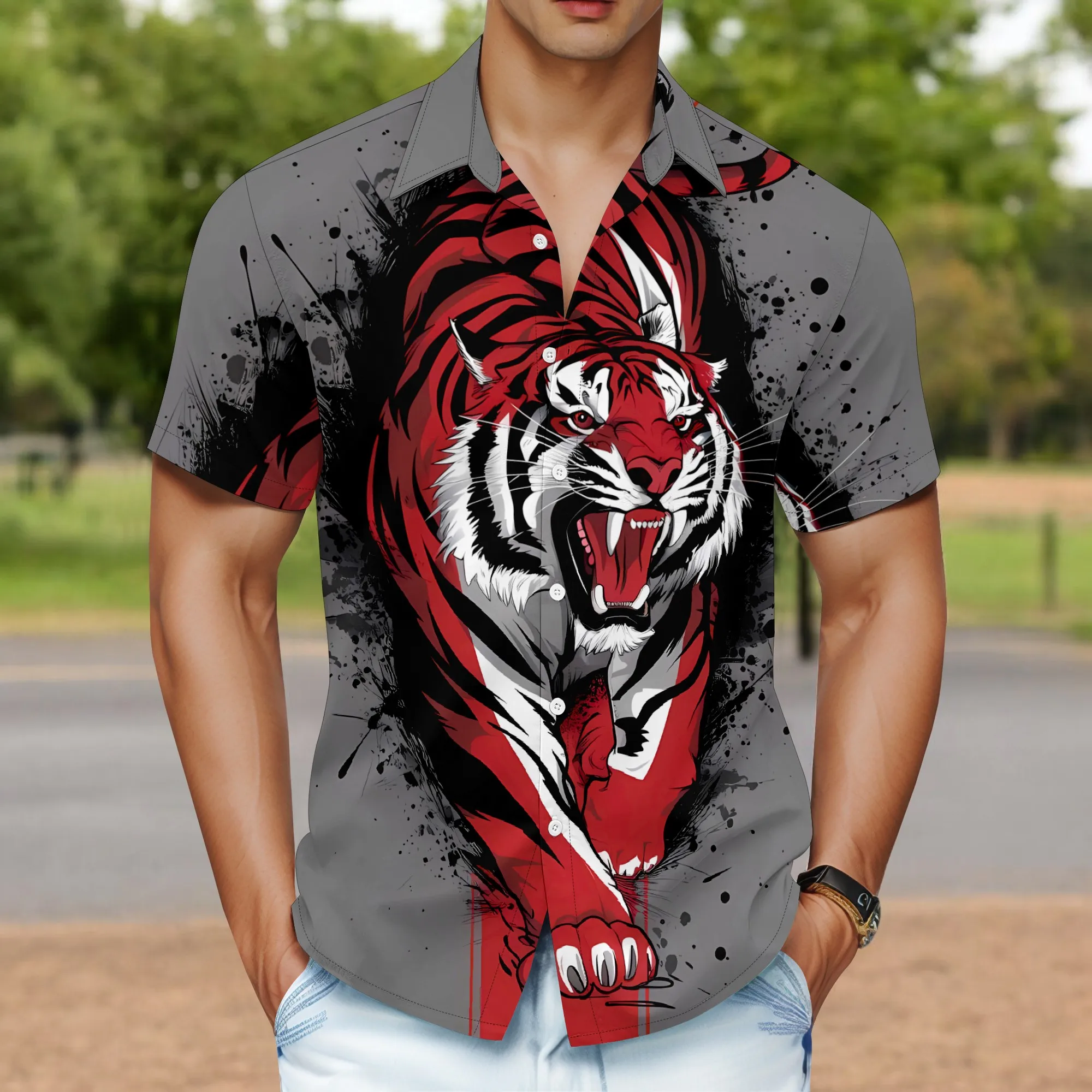 YEAE Roaring Tiger Print Shirt for Men Summer Casual Short Sleeve Top