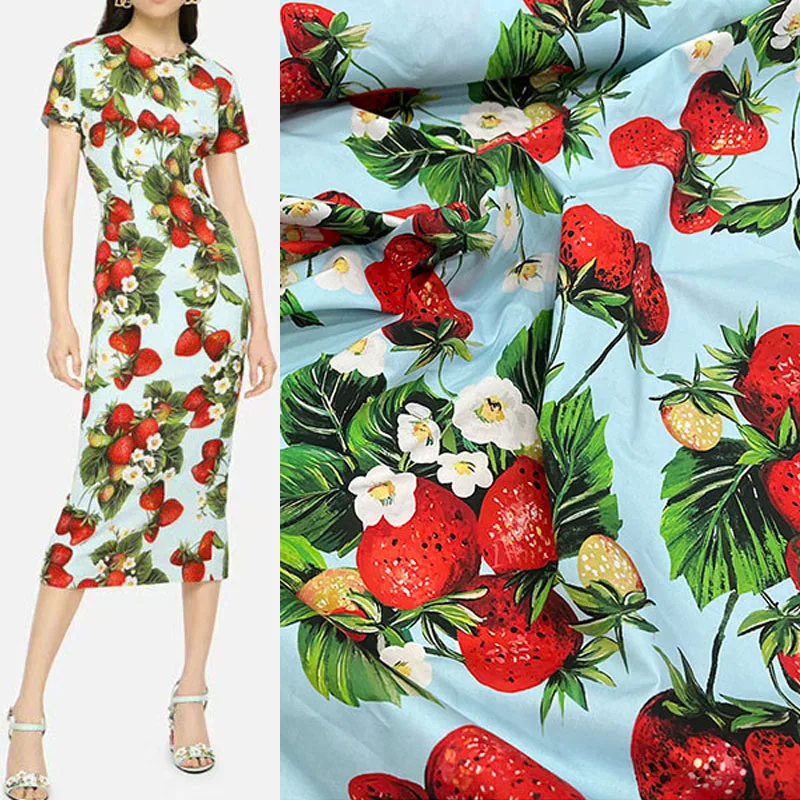 Strawberry and Flower Printed Poplin Cotton Or Satin Fabric For Women Dress Blouse Handmade DIY Cloth Sewing Material