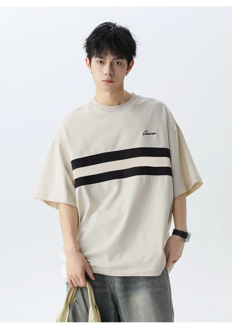 Retro Embroidery Loose Casual Short Sleeve T-Shirt Men's Summer Cotton Slightly Wrinkled Stripe Color Clash Design Body Shirt