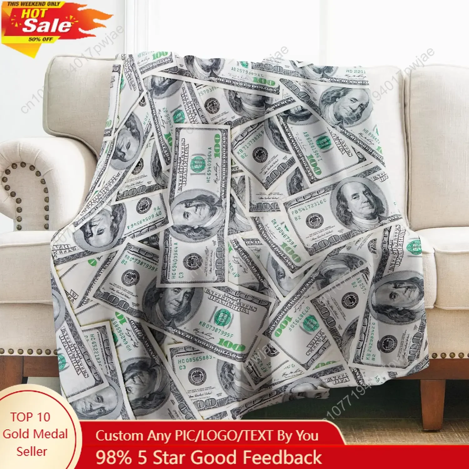 Levens Money Throw Blanket Gifts for Women Girls Boys, 100 Dollar Bill Print Decor for Couch Bed Sofa Travelling Custom blankets