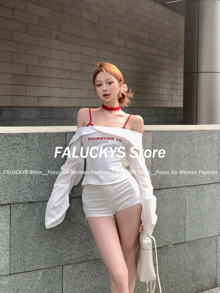 Autumn Streetwear Off-shoulder Letter Embroidery Sexy White Shirt Women + Casual Plaid Camisole Hot Girls Two Piece Set 2024 New