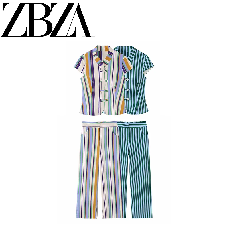 Fashionable Striped Rope Knot Top And Straight Leg Pants Women's Summer New Arrival Two Piece Set Polyester Fiber Long Pants