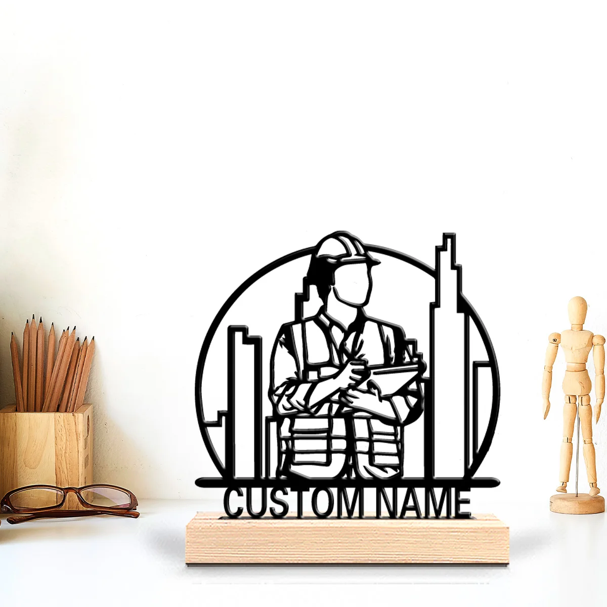 1pc construction worker Customizable Letter Art Crafts With Wood Base Iron Statue With Wood Base Bedroom Table