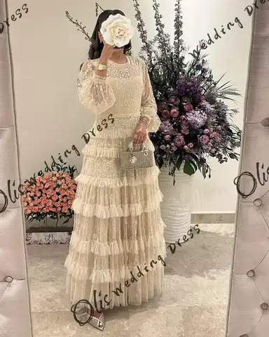 op maat gemaakte galajurken met lange mouwen O-hals kant vloerlengte geplooide feestjurken avondjurken2025