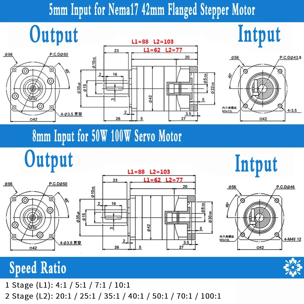 Nema 17 Planetary Gearbox 4-100:1 Reducer, 7-12 Arcmin Spur Gearbox for 40mm 50w 100w Servo Motor Reducer DC Motor Stepper