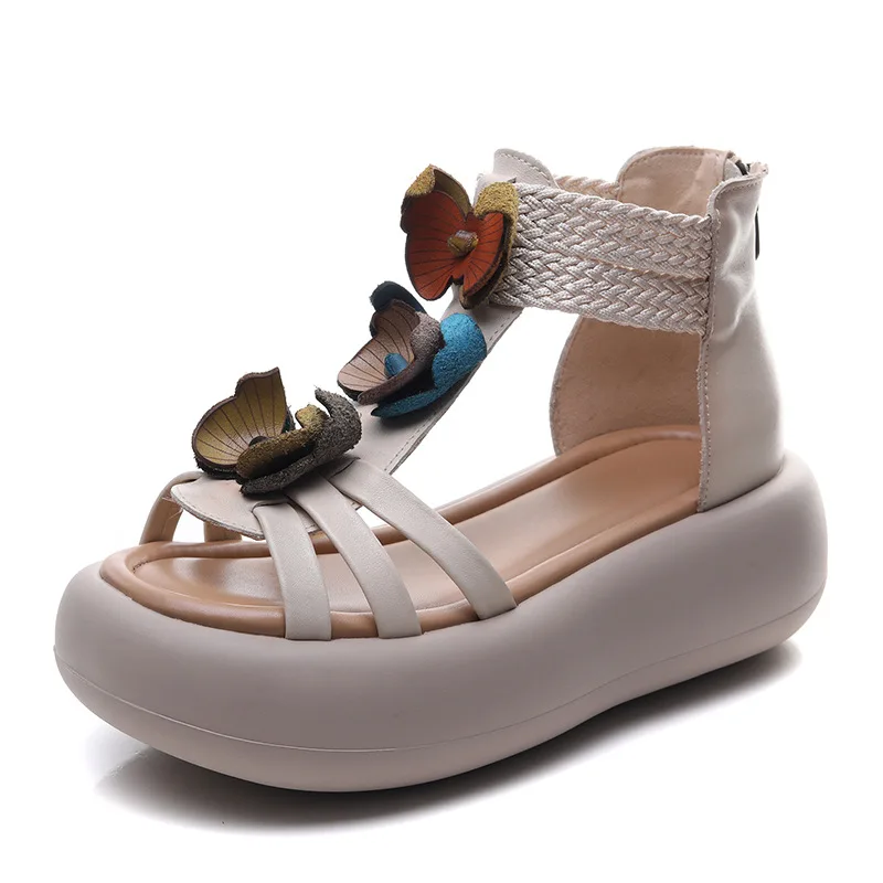 

High Quality 5CM Cow Genuine Leather Flats Flower Women Boots Hollow ZIP Pumps Shoes Summer Platform Wedge Mary Jane Sandals
