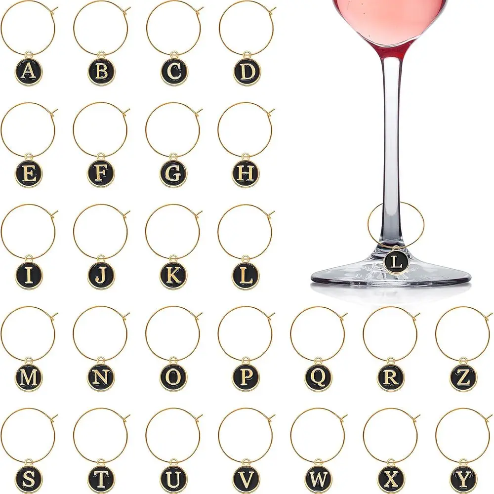 25mm Wine Charms with Metal Letters and Rings Tags - DIY Glass Charm Markers for Cocktail and Champagne Parties