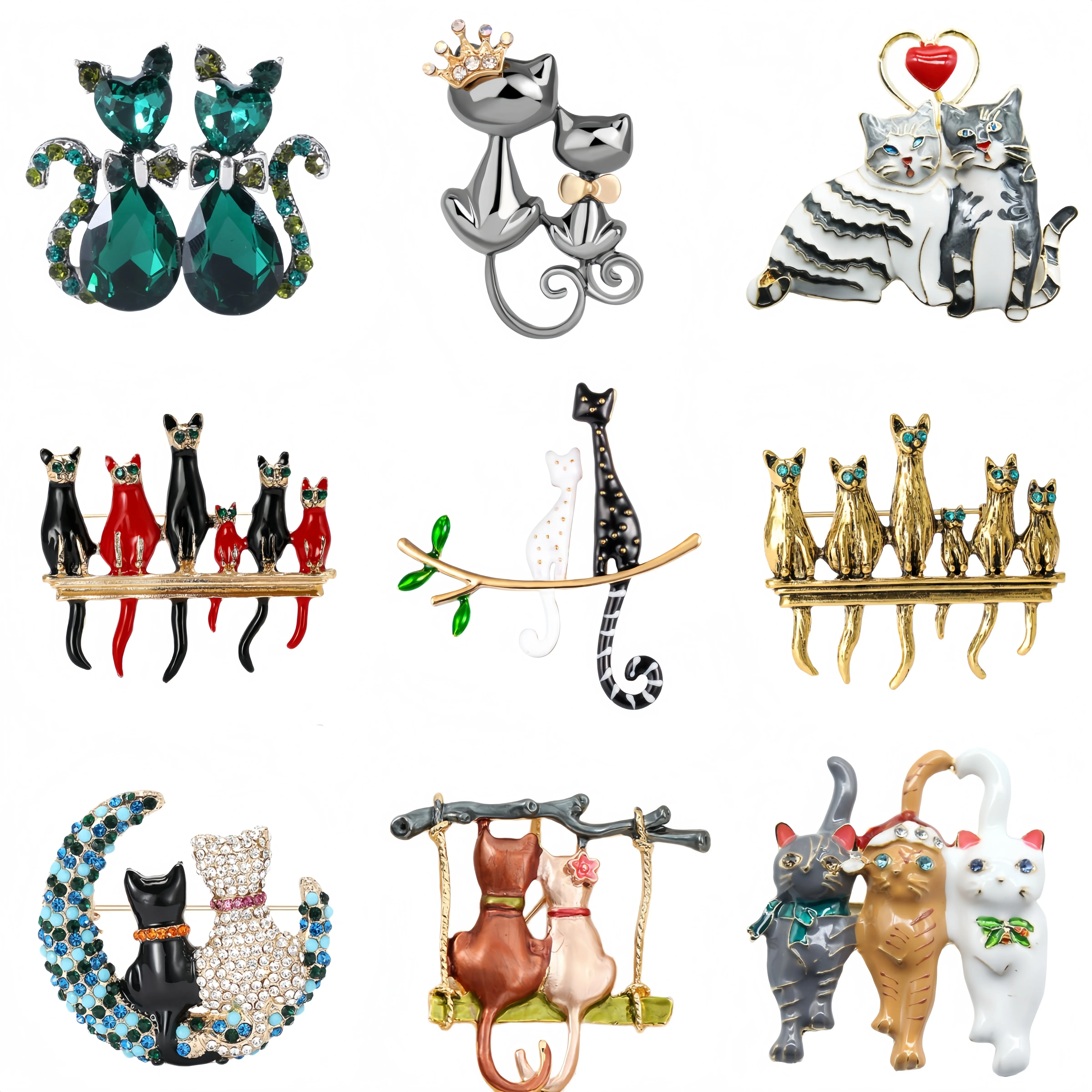Essh&Pule Couple Cat Brooch Vintage Enamel Rhinestone Pair Kitten Lapel Pin Cute Twin Animal Suit Coat Gift For Cat Lover Women