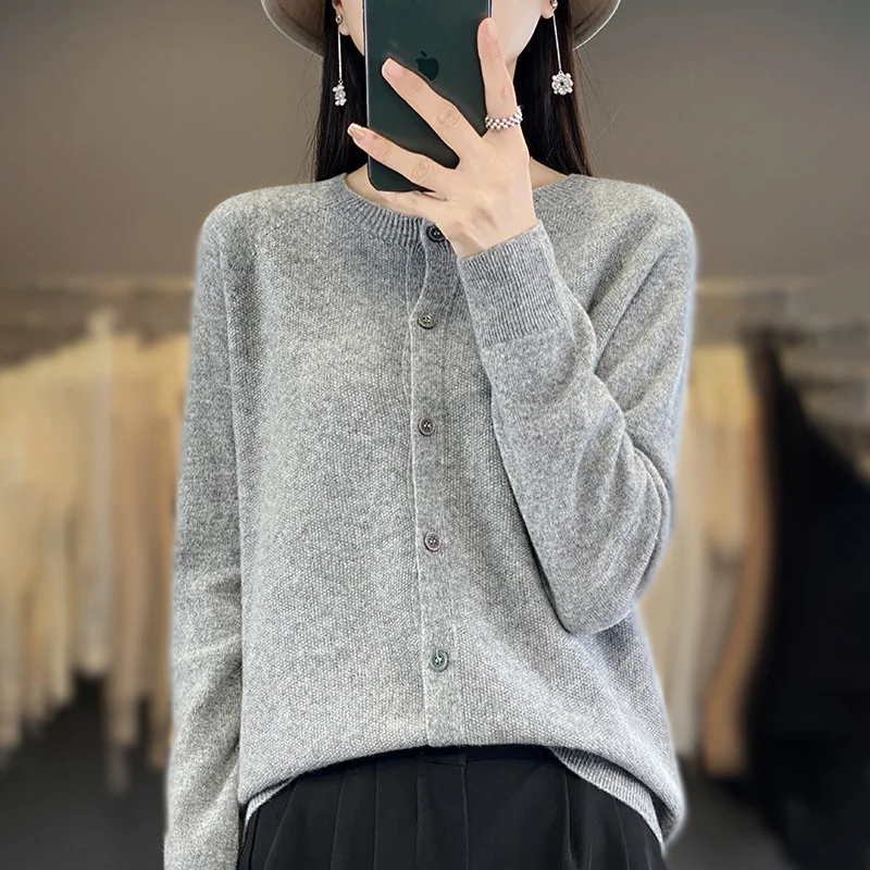 Spring Autumn Hot Clothing Recommended 100% Pure Wool Cardigan Women's Round Neck Osmanthus Needle Knitting Sweater Loose Simple