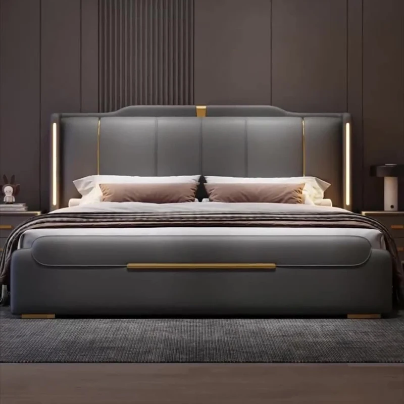 SAT. Luxury Modern King Soft Bed Framed Leather Solid Wood Double Bed with Storage for Home or Hotel Bedroom Furniture