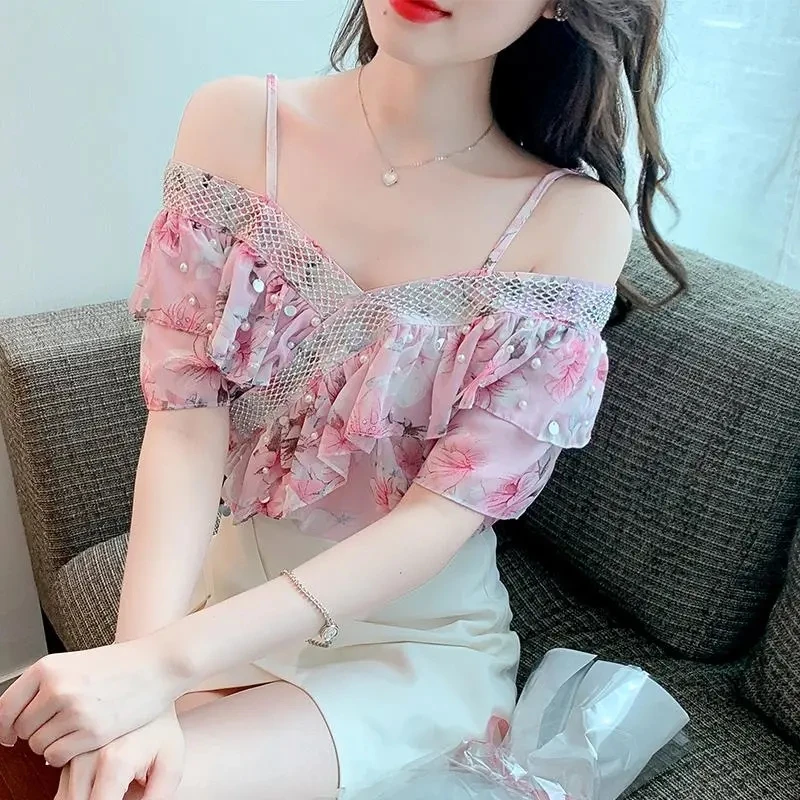 Word Shoulder Suspenders Top Heavy Industry Bead Short Sleeve Lotus Leaf Side Chiffon Shirt Summer 2022 New Floral Small Shirt