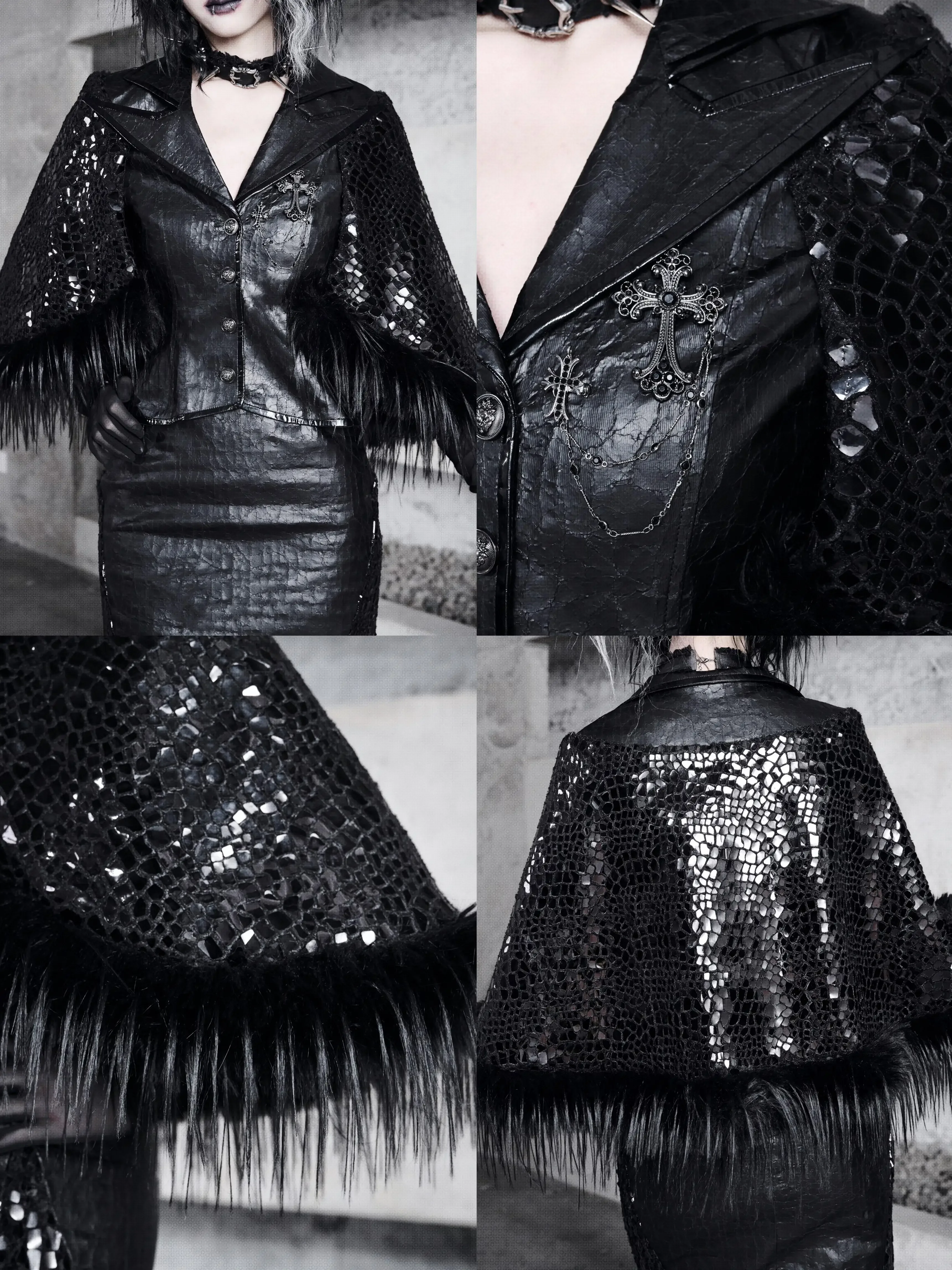 Blood Supply Original Design Women Snake Skin Black Gothic Leather Fur Office Queen Cape Blazer Outercoat Ponchos