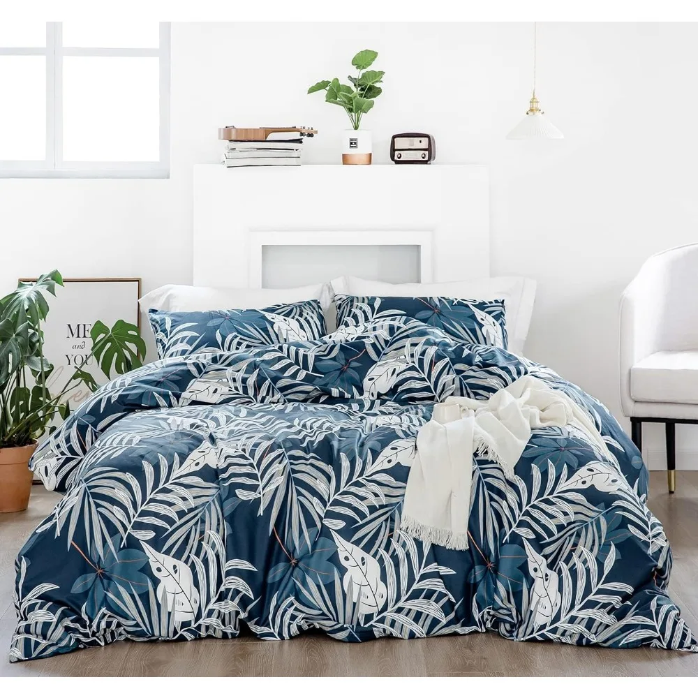 

Queen Size Blue Tropical 100% Cotton 3-Piece Duvet Cover Set with Hawaiian Botanical Pattern and Zipper Closure, Including 2 Pil